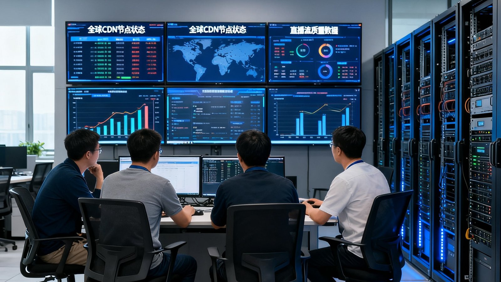 看球直播北京技术团队在开放式办公室中协作的场景，背景可见多块监控屏幕实时显示全球CDN节点状态和直播流质量数据，右侧为服务器机房内景。