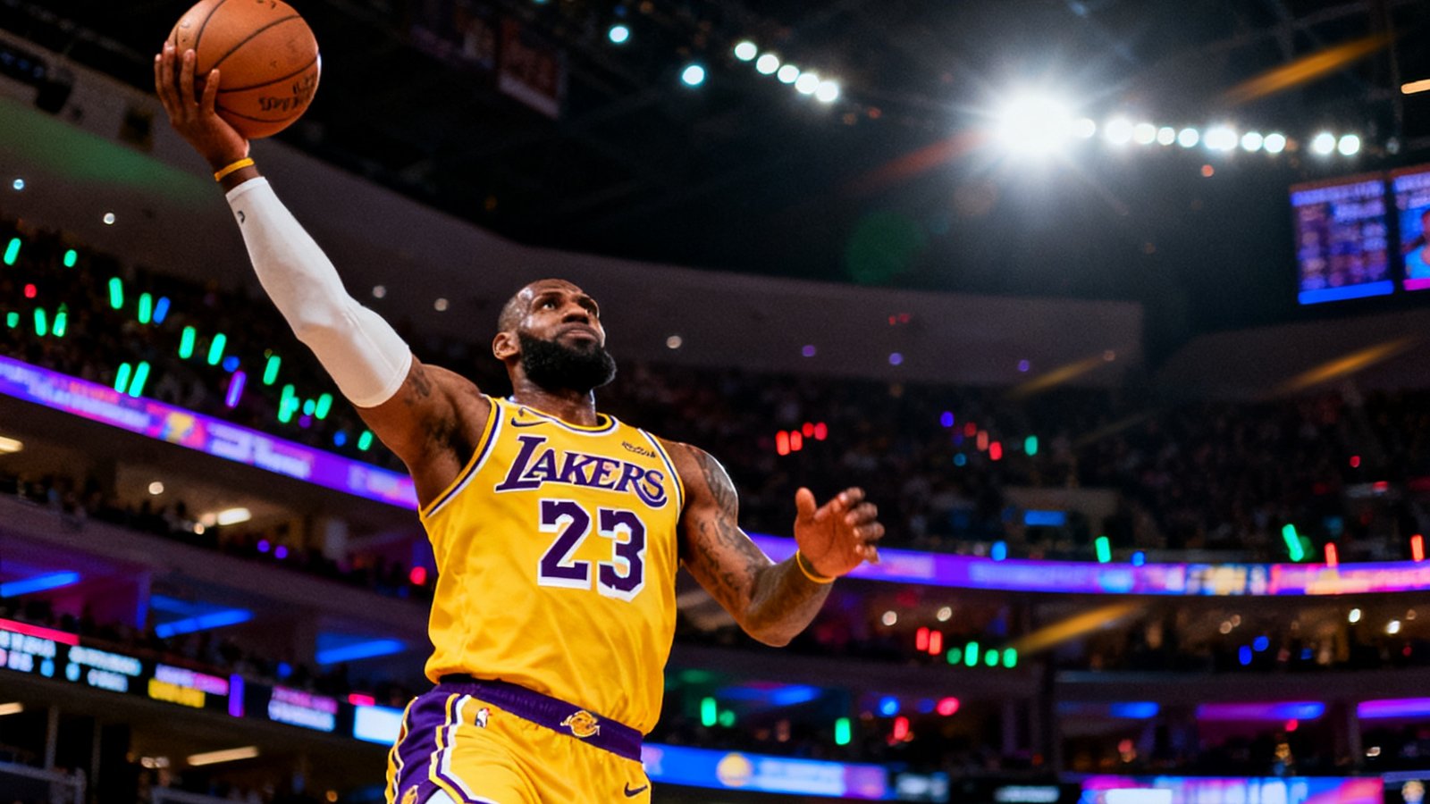 湖人队对阵勇士队的NBA常规赛精彩集锦封面，詹姆斯在末节命中关键三分的出手瞬间被定格，球馆内灯光璀璨。
